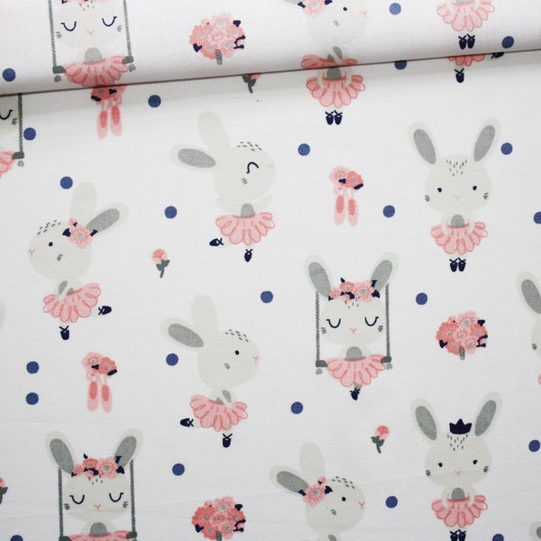 Tissu lapins sur les balançoires en coton imprimé blanc rose et gris