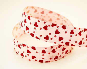 Grosgrain Pink Ribbon heart 25 mm 1 m, Ribbon grosgrain printed hearts fuchsia