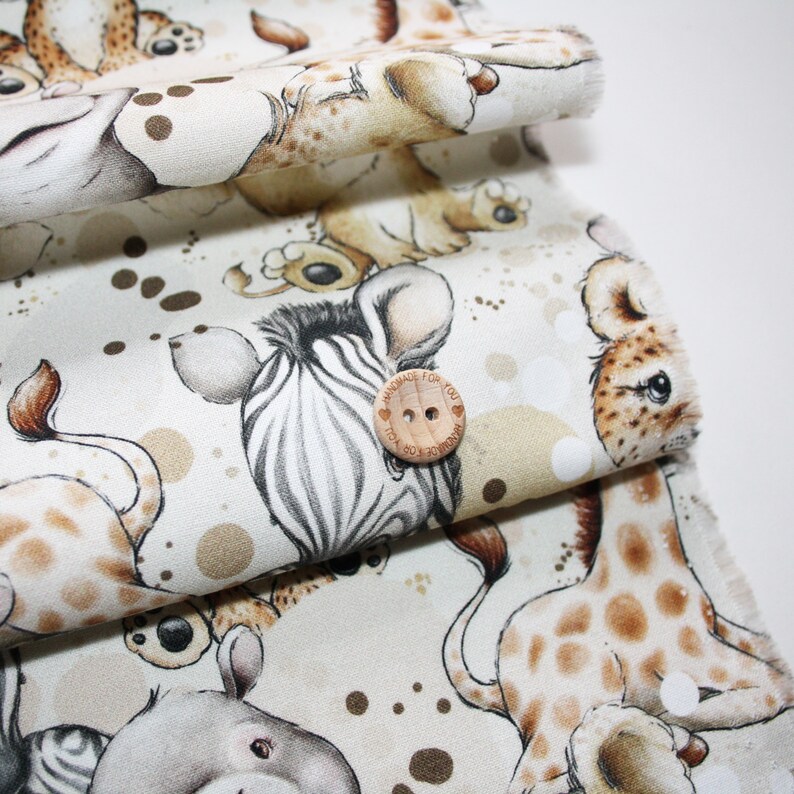 Baby savannah animal fabric in cotton printed PREMIUM oeko tex white background