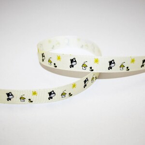 Ruban gros grain 9 mm, 1 m, motif vache, maison, soleil, chat sur fond écru