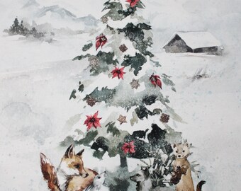 Panel 3 models Christmas tree fox lynx and deer in printed cotton PREMIUM oeko tex 37.5 x 50 cm