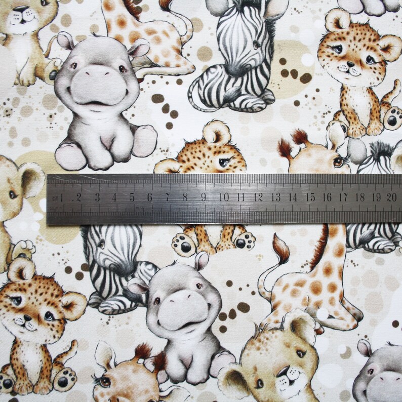 Baby savannah animal fabric in cotton printed PREMIUM oeko tex white background
