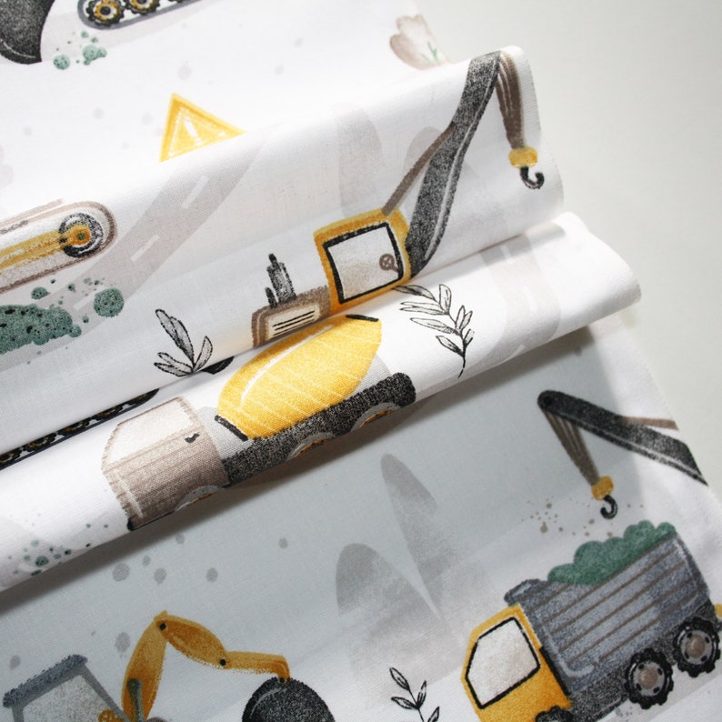Tissu véhicules de chantier sur un fond blanc en coton imprimé oeko tex imagem 5