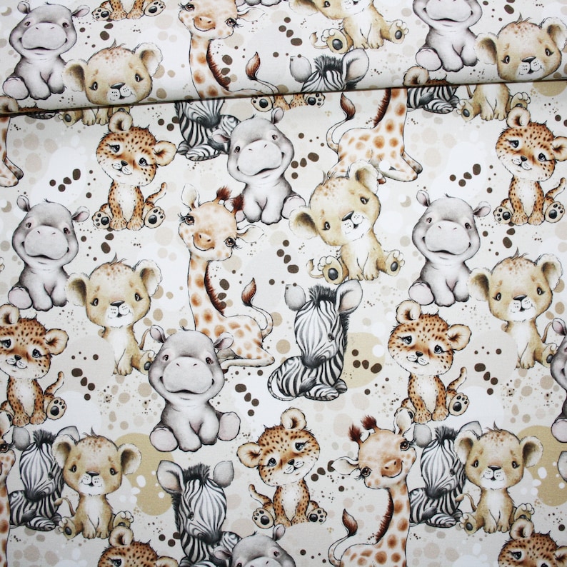 Baby savannah animal fabric in cotton printed PREMIUM oeko tex white background
