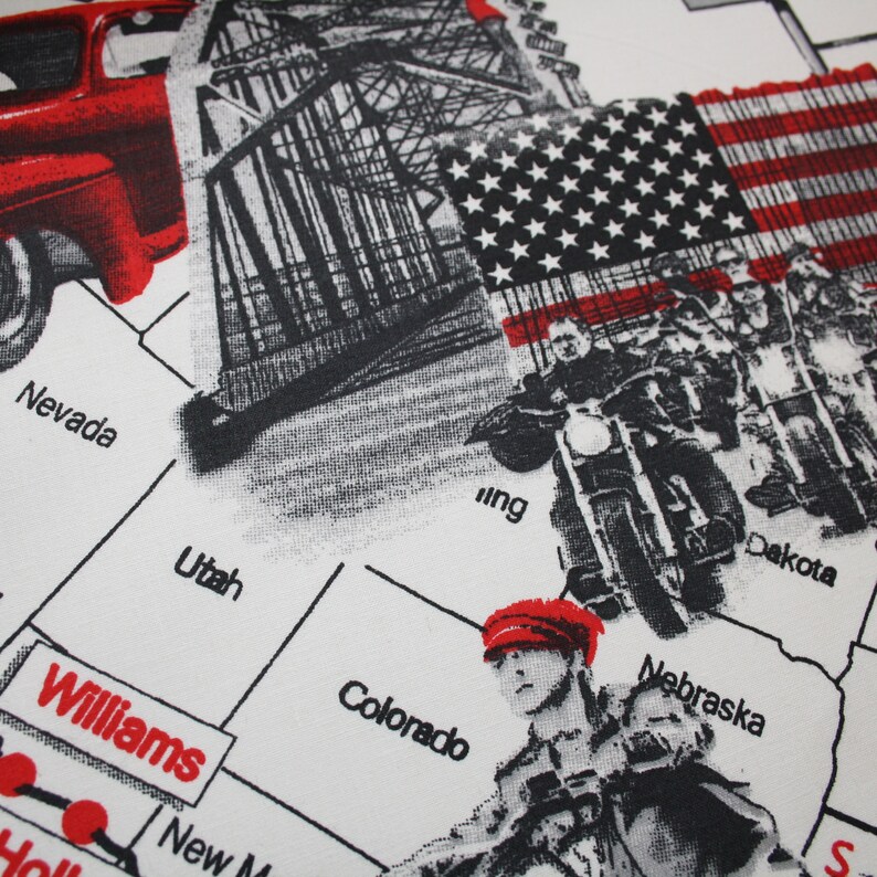 May include: A vintage map of the United States featuring a red truck, a bridge, and a group of motorcyclists. The map includes the states of Nevada, Utah, Colorado, Nebraska, and Dakota. The words "Williams" and "New Mexico" are also visible.