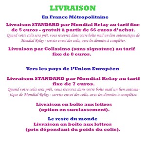 May include: A graphic with text in French describing shipping options for France, the European Union, and the rest of the world. The text mentions Mondial Relay and Colissimo as shipping carriers.
