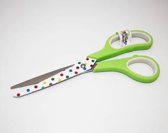 Scissors sewing and crafting 21 cm, green, white colored polka dots