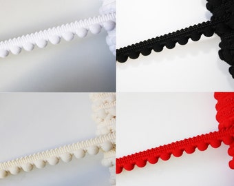 Galon pompons 8 mm, 1 m, 4 couleurs: blanc, noir, écru, rouge
