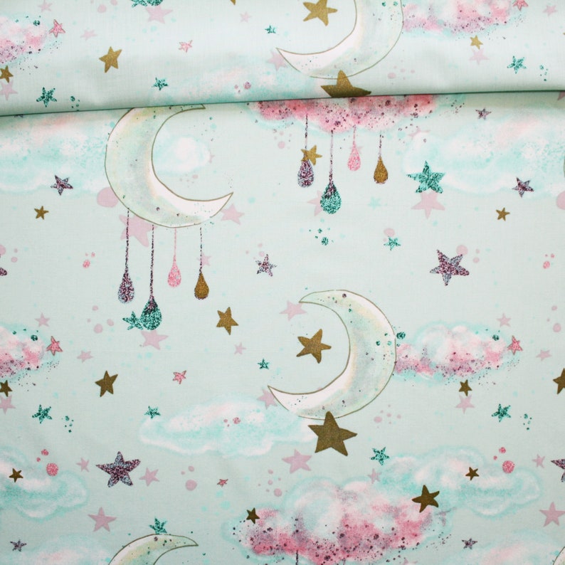Fabric Moons Clouds And Rain Cotton Printed Oeko Tex Pink And Etsy