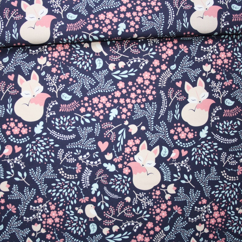 Tissu renards et fleurs en coton imprimé PREMIUM oeko tex fond bleu marine image 1