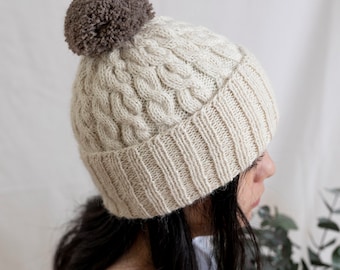 SIERRA/ Hand-Knitted Alpaca Cable Beanie - Contrast Pompom, Soft & Warm Winter Hat
