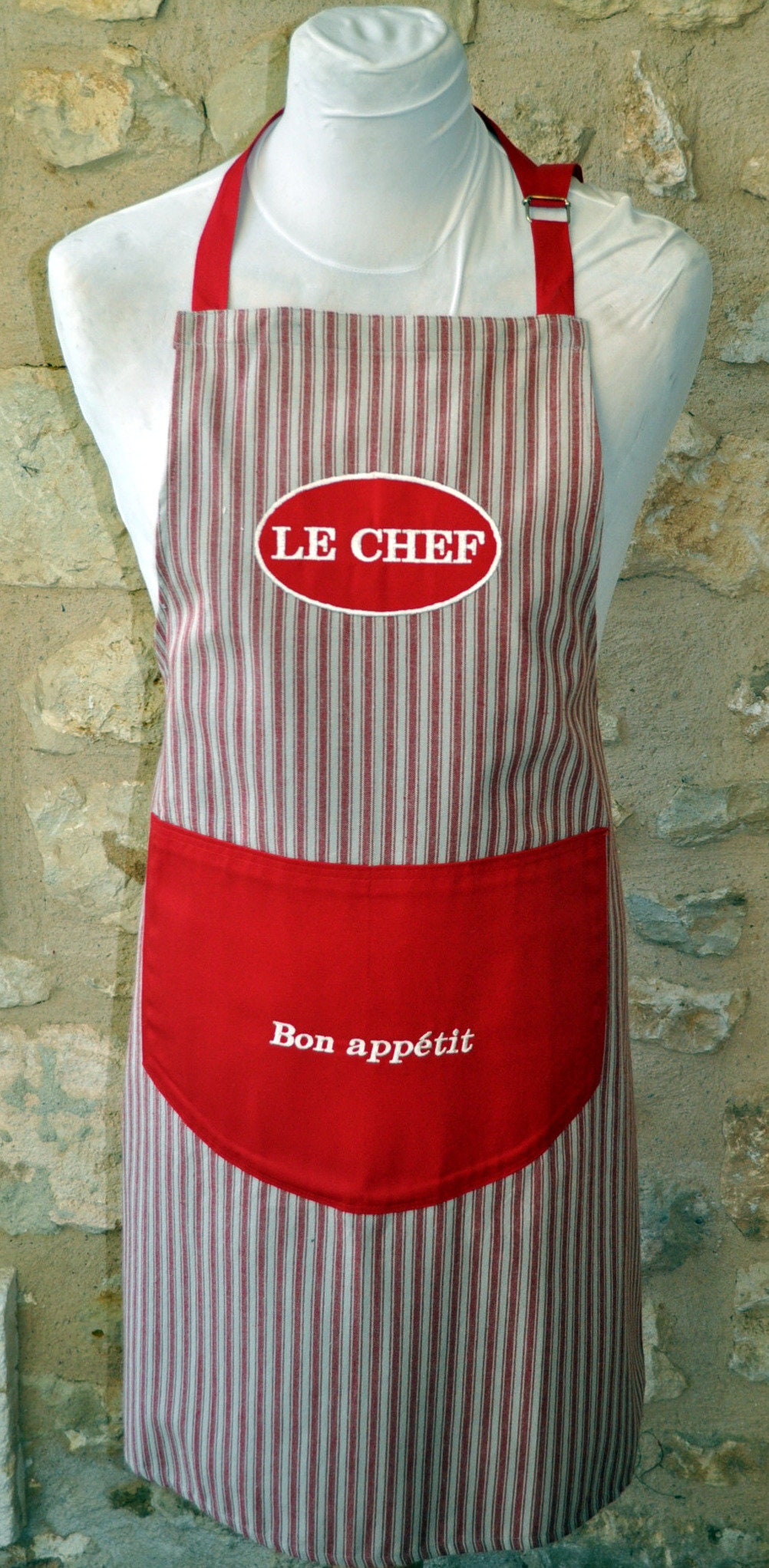 Tablier Homme Le Chef Tissu Rayé Poche Brodée Bon Appétit