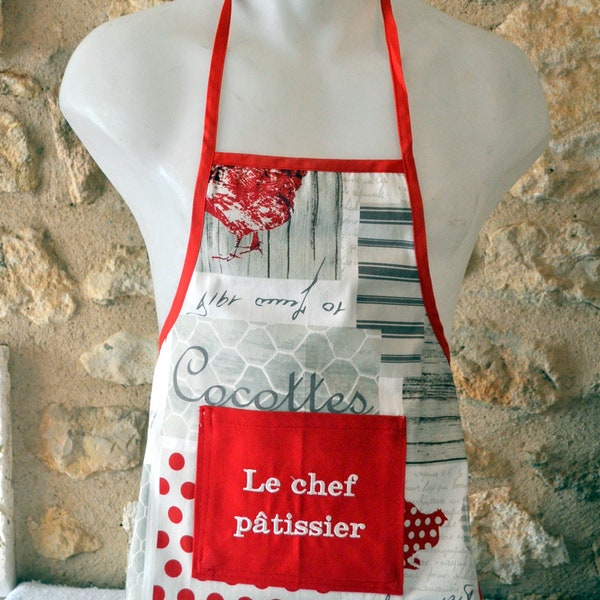 TABLIER ENFANT le chef pâtissier tissu motif poule  8/12 ans