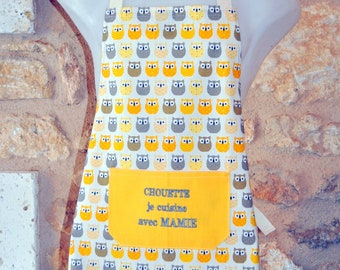 TABLIER ENFANT chouette je cuisine avec mamie tissu motif chouette 8/12 ans
