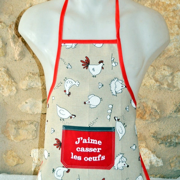 TABLIER ENFANT j'aime casser les œufs tissu motif poule 8/12 ans