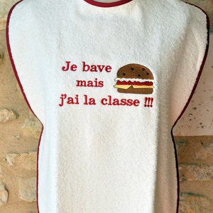 ADULT BIB I'm drooling but I'm stylish, ecru hamburger with burgundy bias