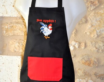 TABLIER ENFANT  tissu noir bon appétit avec le coq poche rouge 8/12 ans