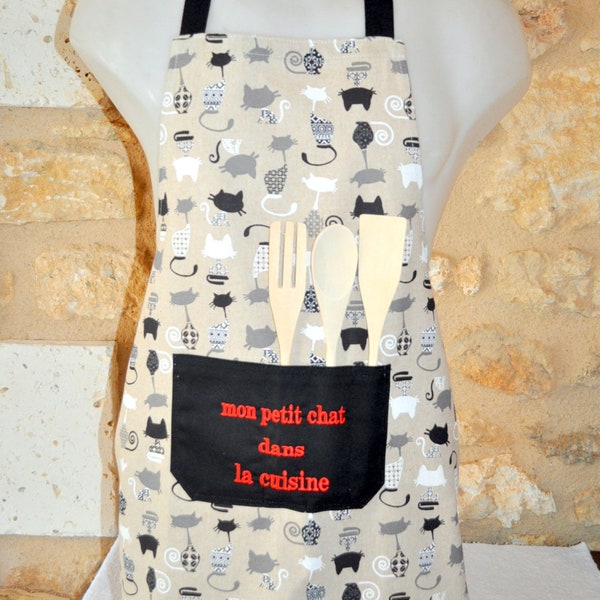 TABLIER ENFANT mon petit chat dans la cuisine tissu motif chat avec ustensils de cuisine  8/12 ans