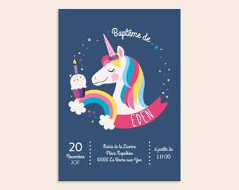 Faire part d'anniversaire ou baptême "Eden" thème licorne magique