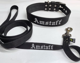 Broderat hundhalsband och koppelset, personligt husdjursnamn, stor hund