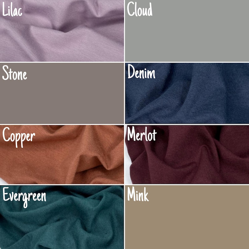 Pode incluir: Uma carta de cores de amostra de tecido com oito cores diferentes: lil&aacute;s, nuvem, pedra, denim, cobre, merlot, verde-esmeralda e vison.