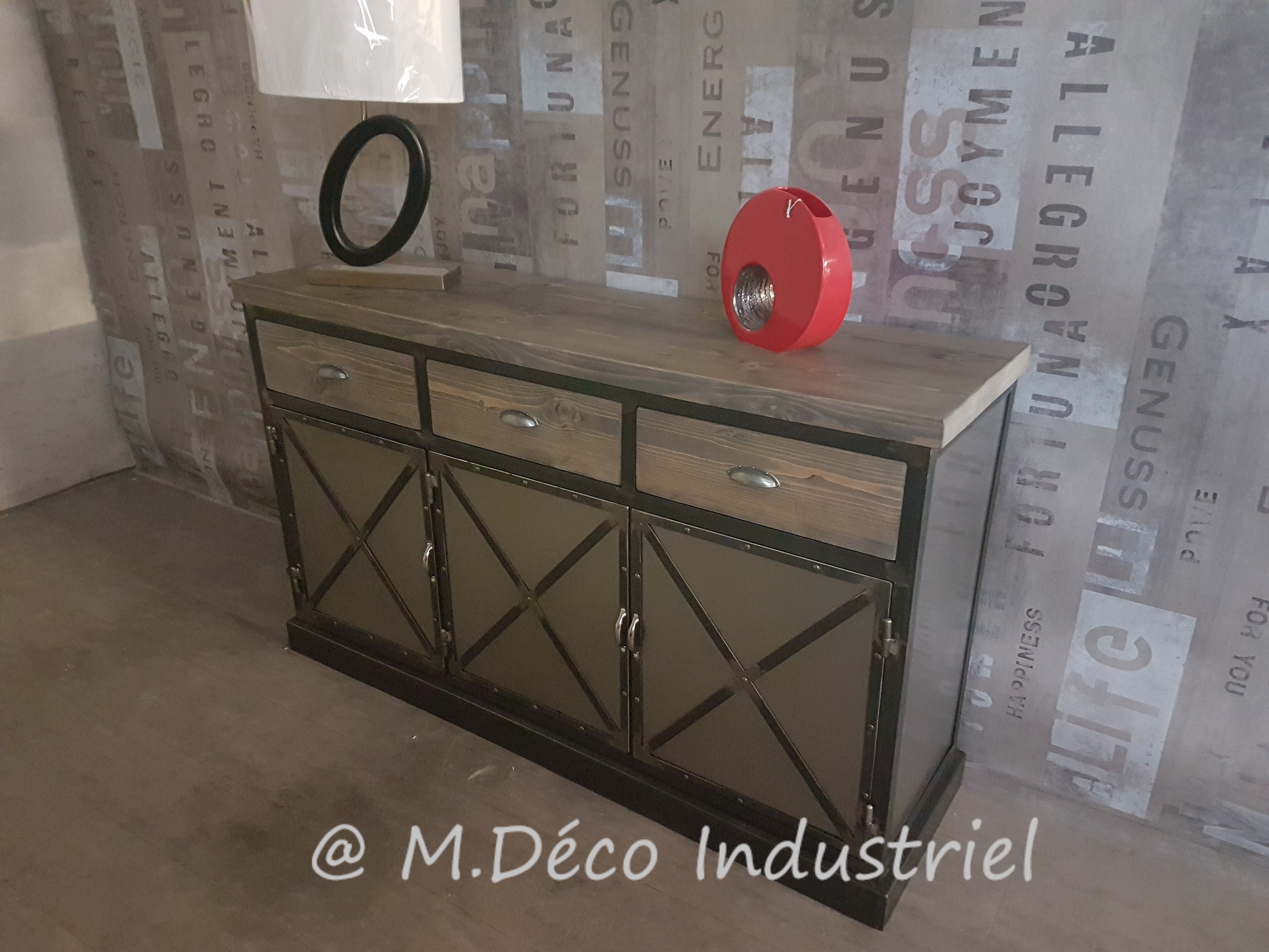 Meuble Industriel Buffet 3 Portes Acier Sapin Massif Grisé