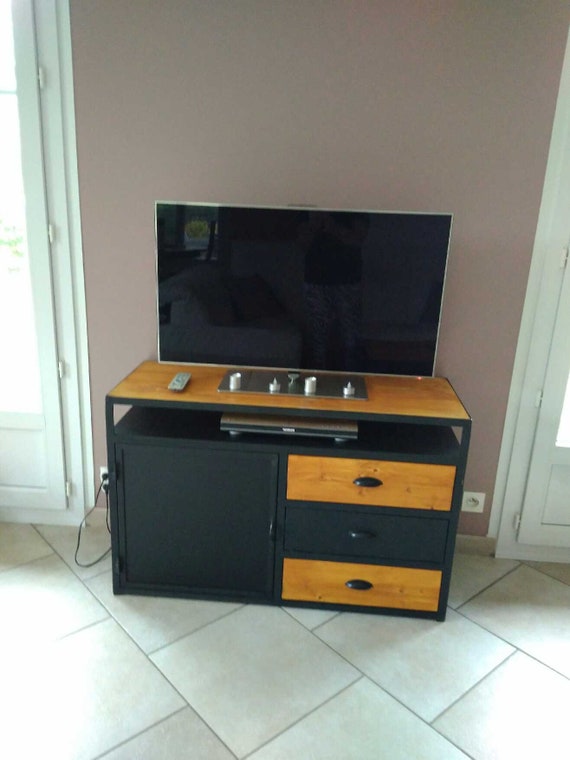Tv Cabinet Industrial Steel Black Tray Gold Solid Wood Etsy
