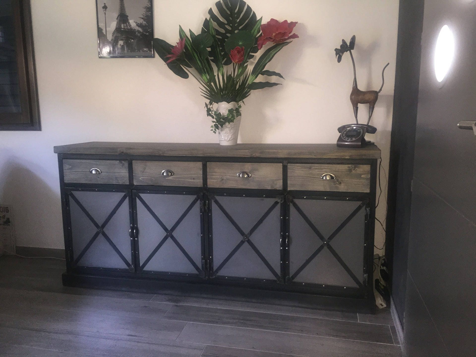 Meuble Industriel Buffet 4 Portes Acier Plateau en Sapin Massif Grisé