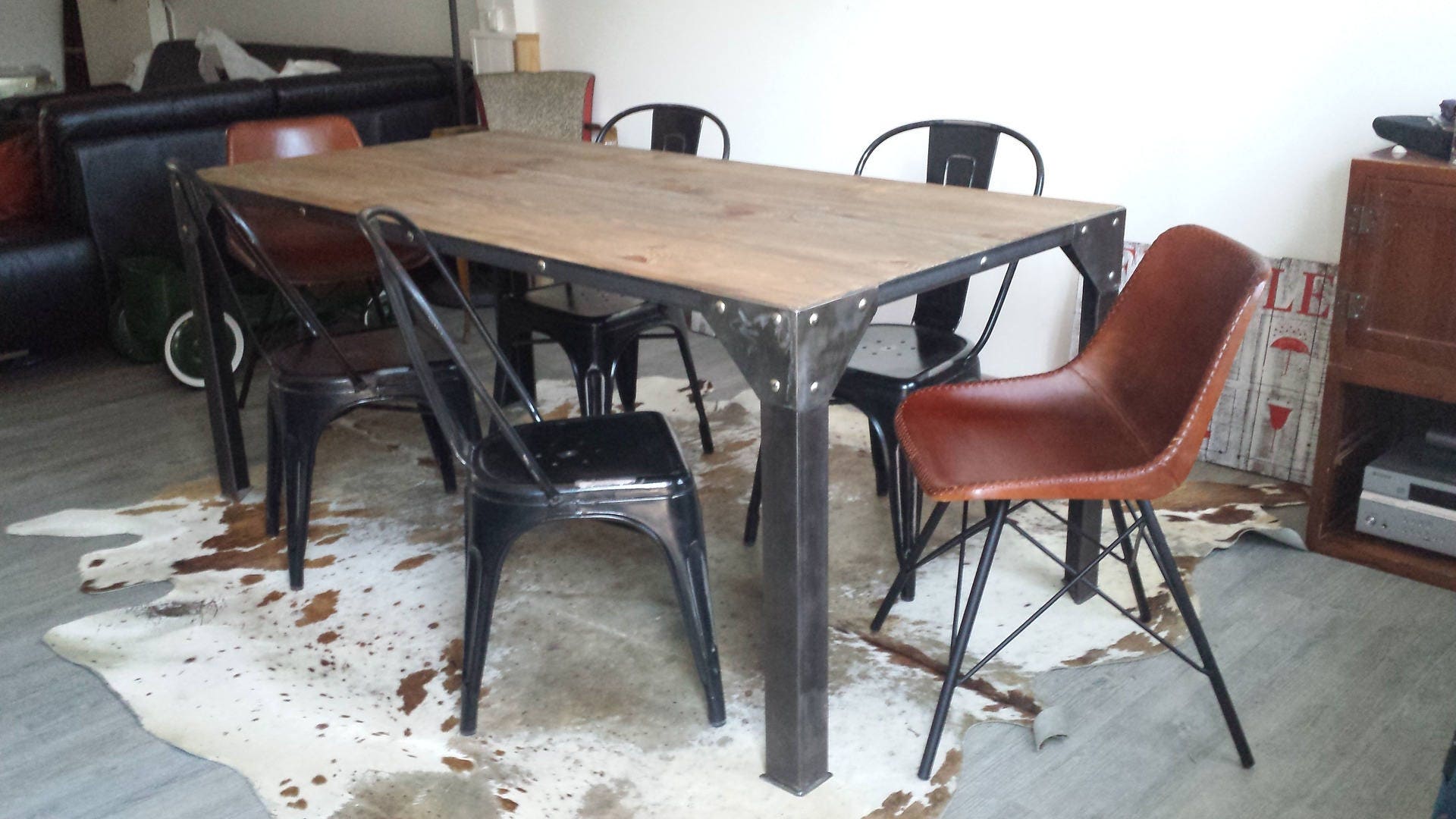 Meuble Industriel Table de Salle à Manger Acier et Bois Vieilli