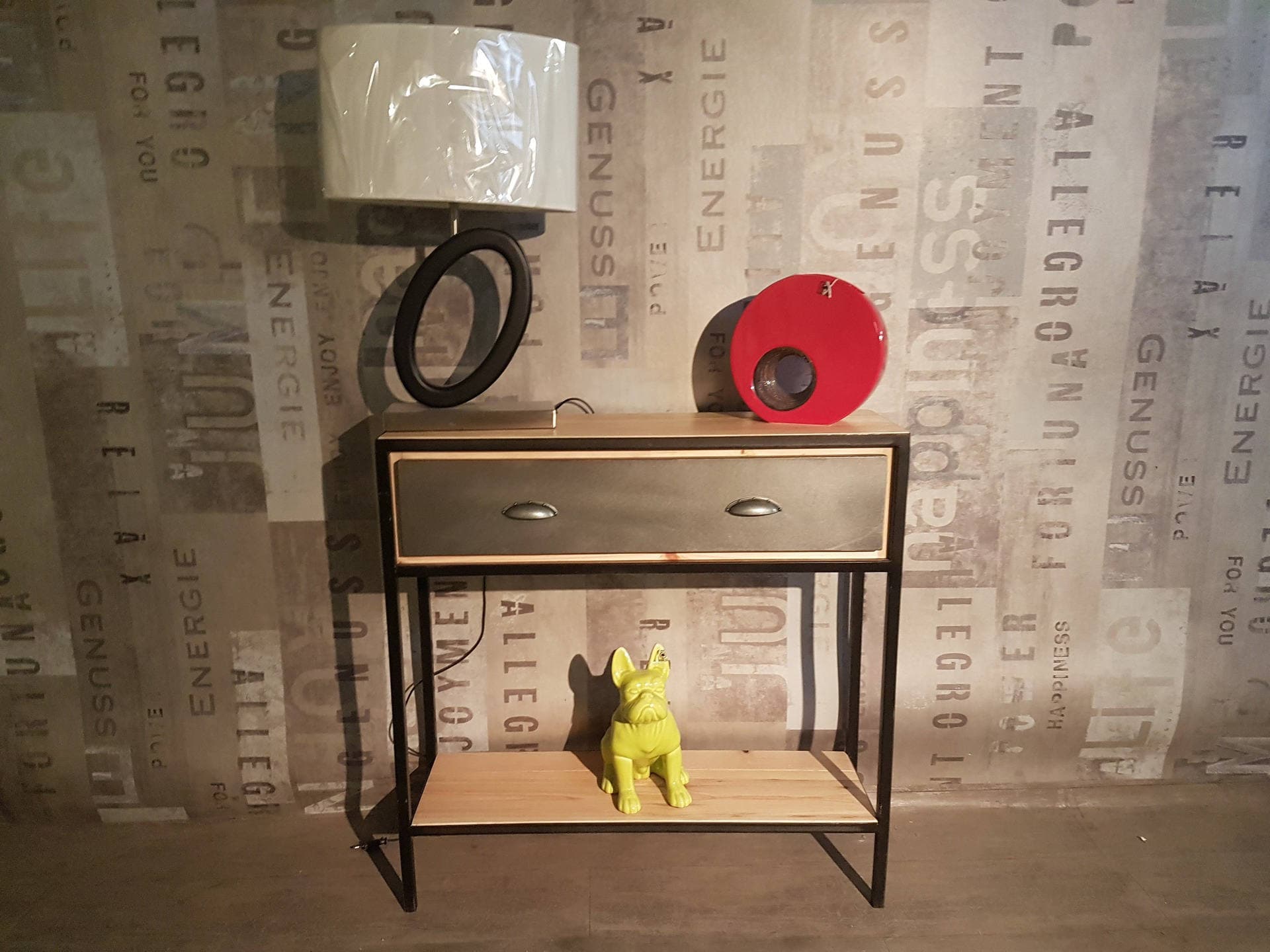 Console Industriel 1 Tiroirs Facade Acier Plateau en Pin Massif