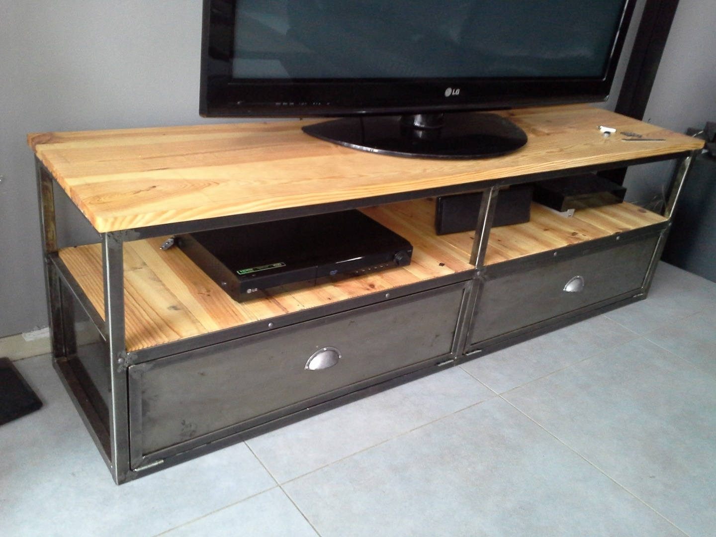 Meuble Industriel Tv Métal Bois Doré