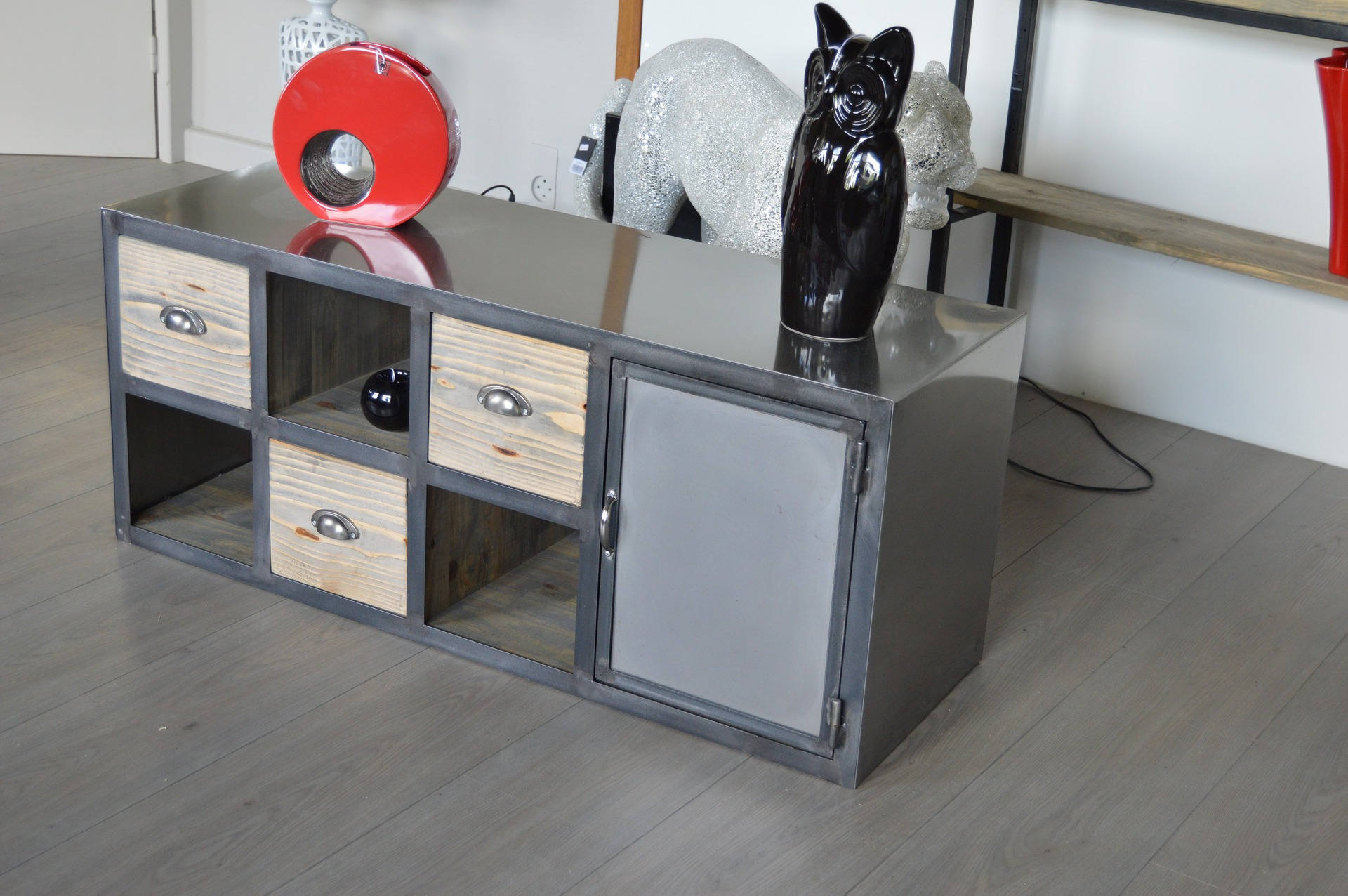 Meuble Industriel Bas 1 Porte Acier 3 Tiroirs en Bois Massif