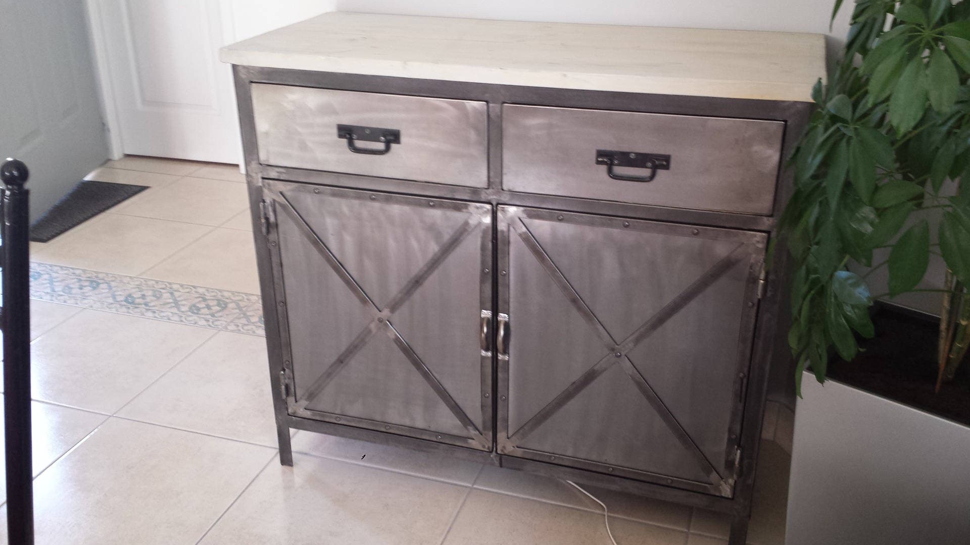 Meuble Industriel Buffet 2 Portes Acier Plateau en Sapin Massif Blanchi