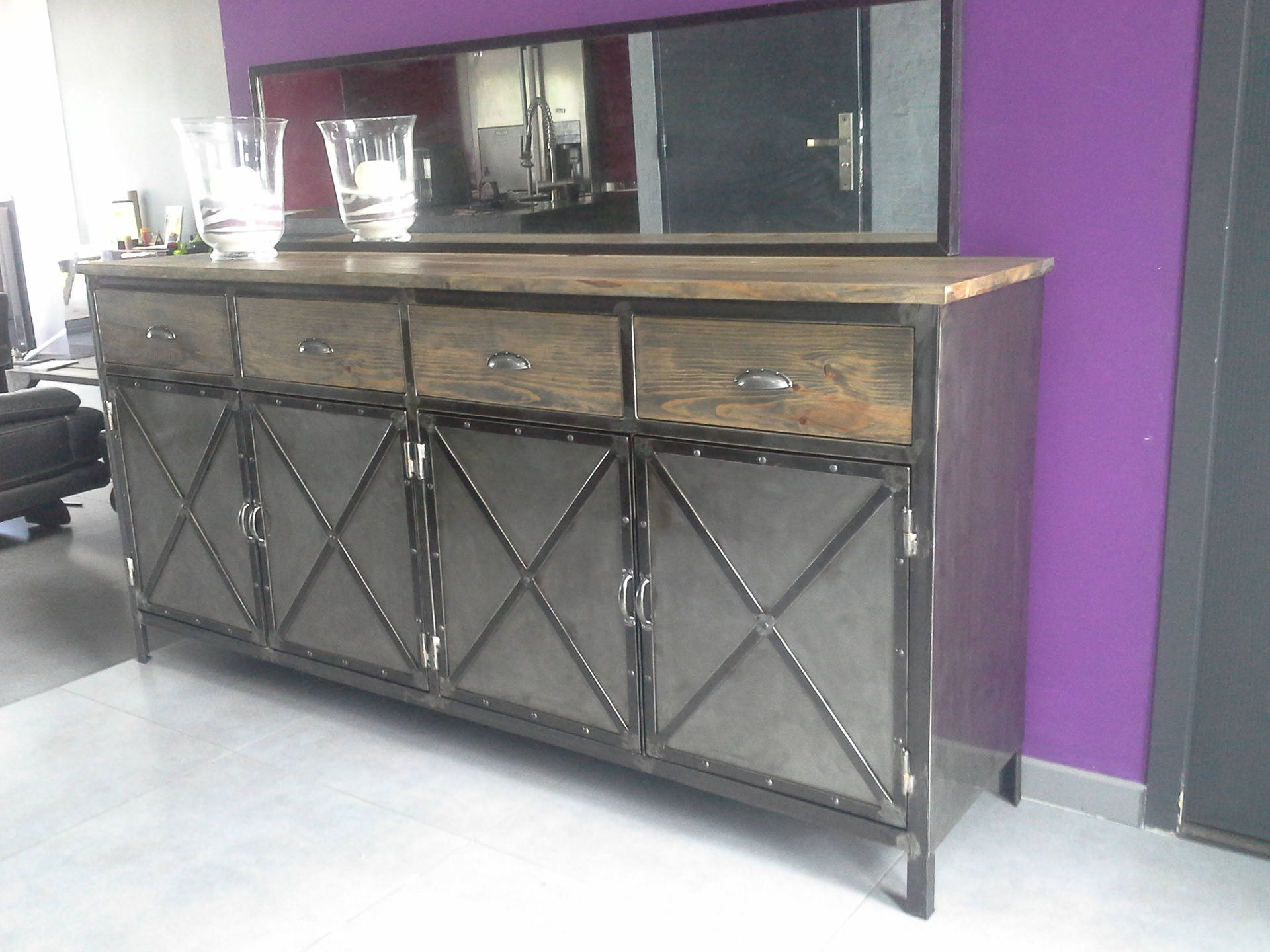 Meuble Industriel Buffet 4 Portes Acier Plateau en Pin Massif Vieilli