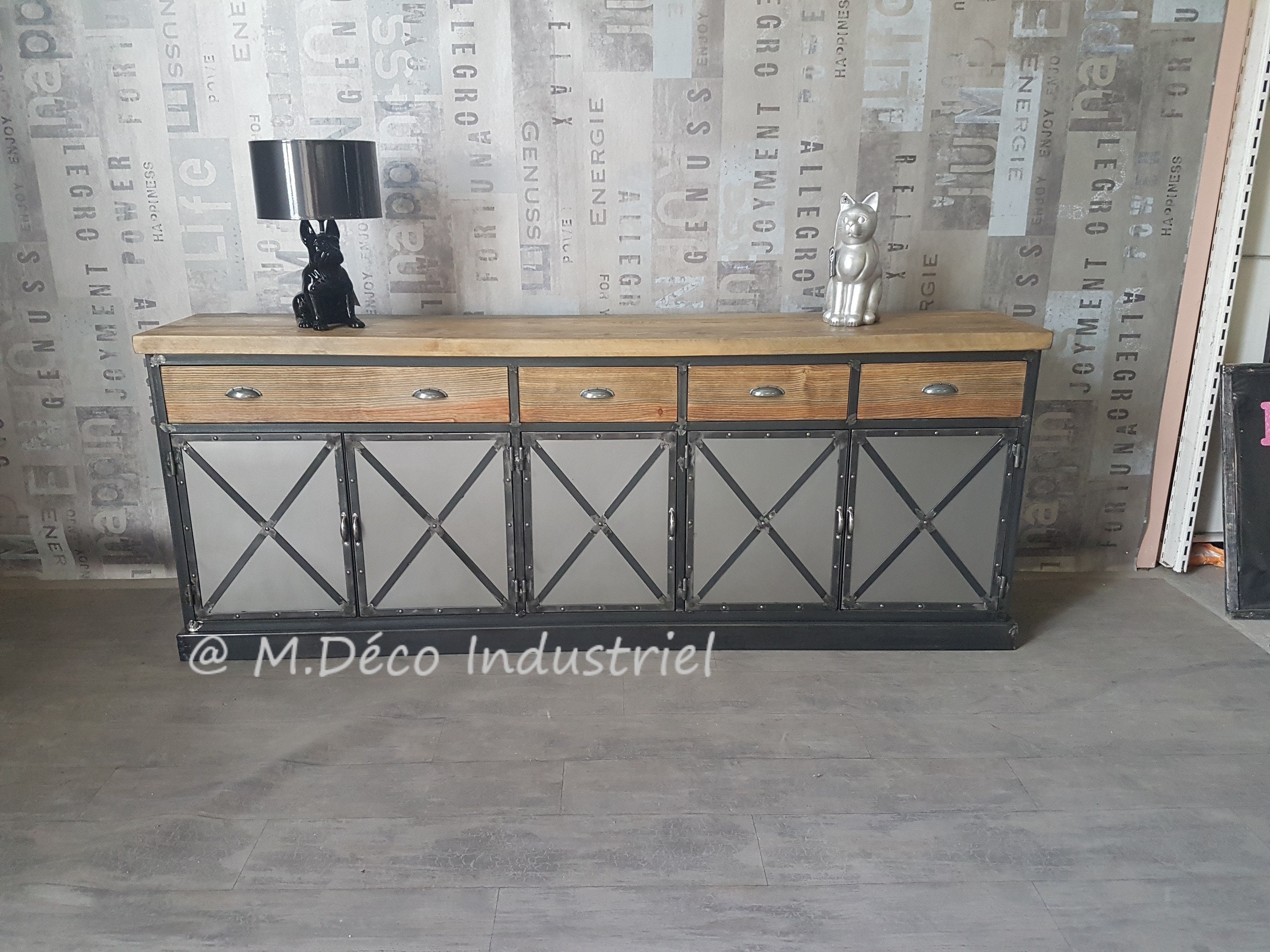 Meuble Industriel Buffet Acier 5 Portes Plateau en Pin Massif Vieilli 4.5 cm