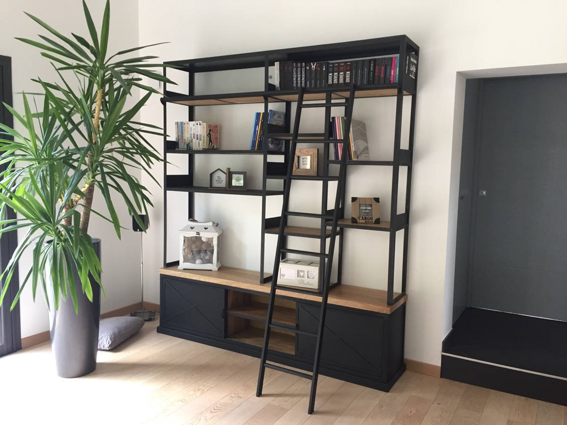 Bibliothèque Industriel en Chêne Massif avec Échelle