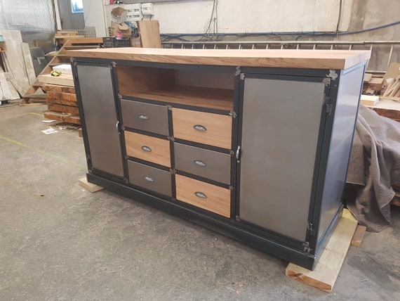Meuble Industriel Buffet Meuble De Tv Porte Acier Et Tiroirs Etsy