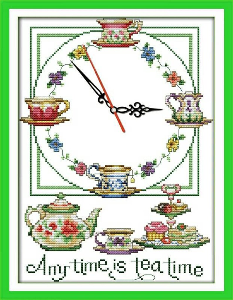 Clock Kit Flower Cross Stitch Diy Wall Modern Face Pattern Tea Time For