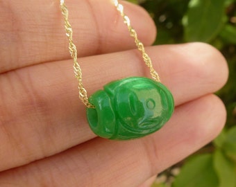 14 mm imperial jade barrel pendant, dyed green jade, carved Chinese Ruyi pattern, minimalist silver necklace, gift for her. ASIAN-MOOD