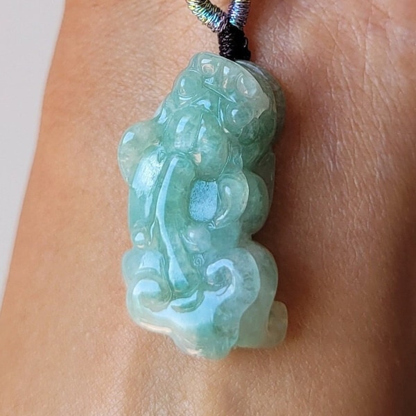 FengShui Pixiu wealth pendant in natural untreated grade A jadeite from Burma, real green jade lucky charm necklace. ASIAN-MOOD