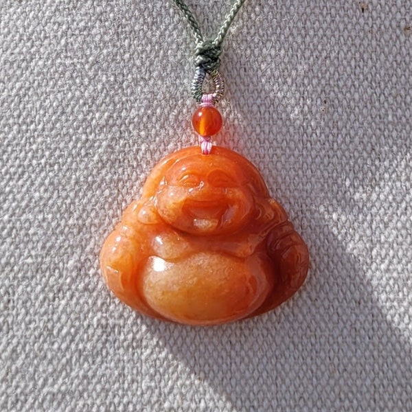 Lucky Milefo laughing Buddha pendant in Burmese jadeite, undyed red jade, without chemical treatment, fine cord. ASIAN-MOOD