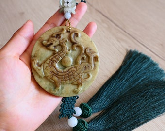 FengShui dragon suspension 55 cm, vintage Chinese home decoration, green Chinese knot, lucky green jade amulet, ASIAN-MOOD