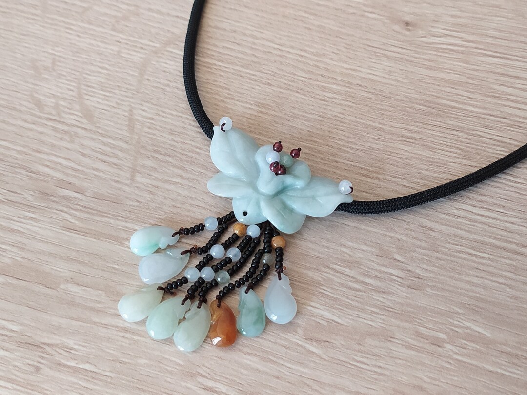 Real White Green Jade Flower Necklace, Natural Grade A Jadeite Orchid