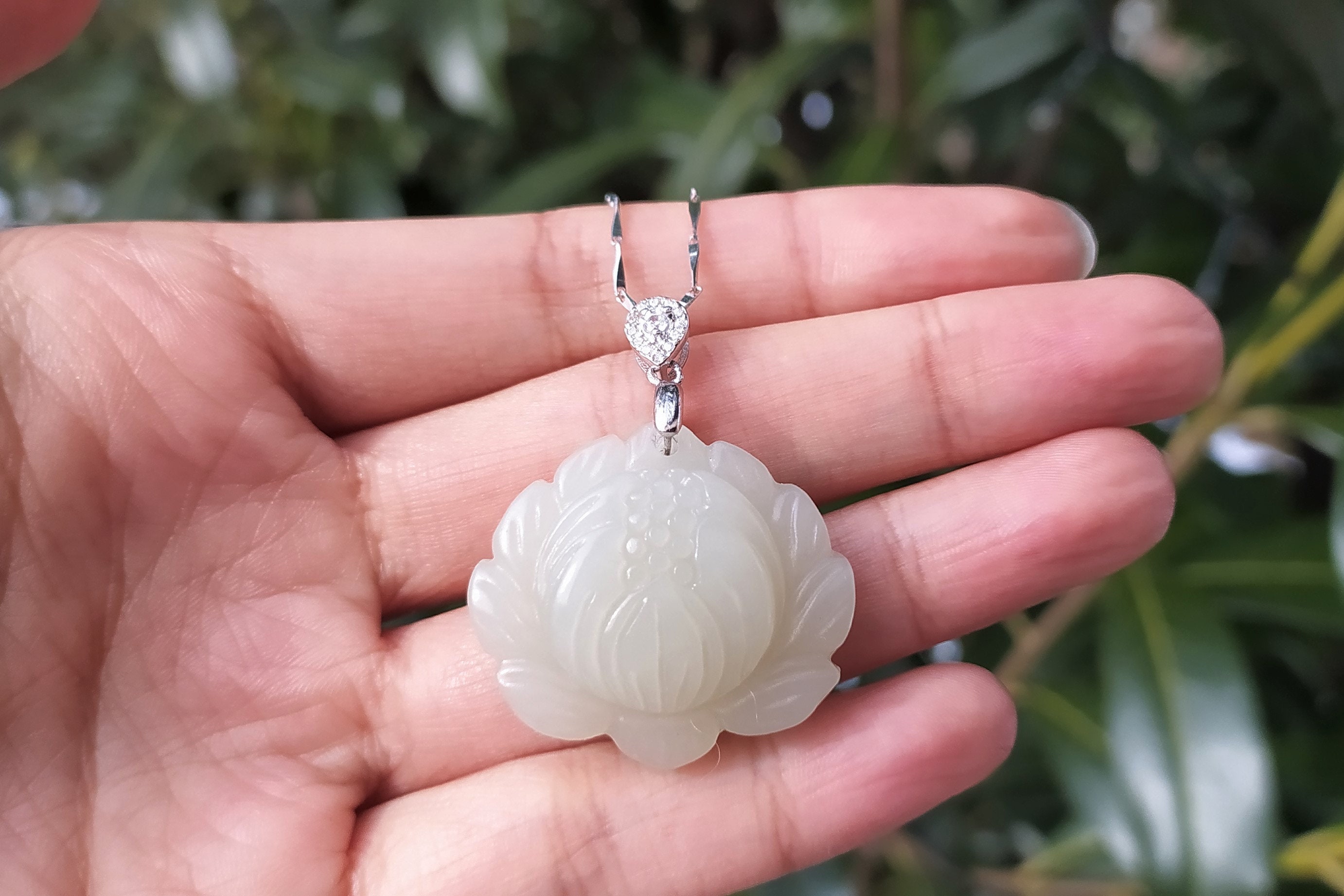 Natural White Jade Lotus Flower Pendant Hetian Chinese Etsy UK
