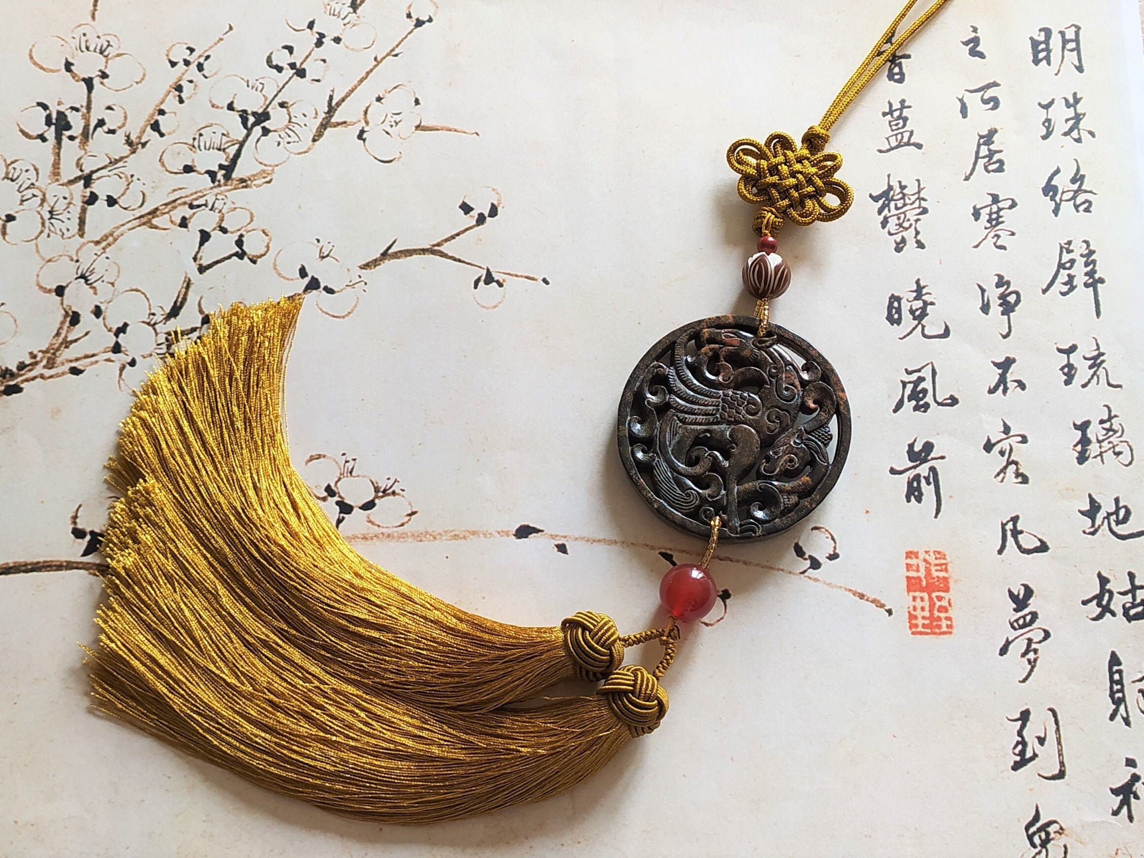 Suspension Phénix Dragon en Jade Marron, 43 cm, Nœud Chinois Jaune, Décoration Vintage Chinoise, Cad