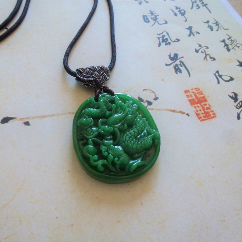 Imperial Jade Dragon Pendant Necklace Carved In Tinted Green - Imperial Jade Dragon Pendant Imperial Jade Dragon Pendant Necklace Carved In Tinted Green - Imperial Jade Dragon Pendant