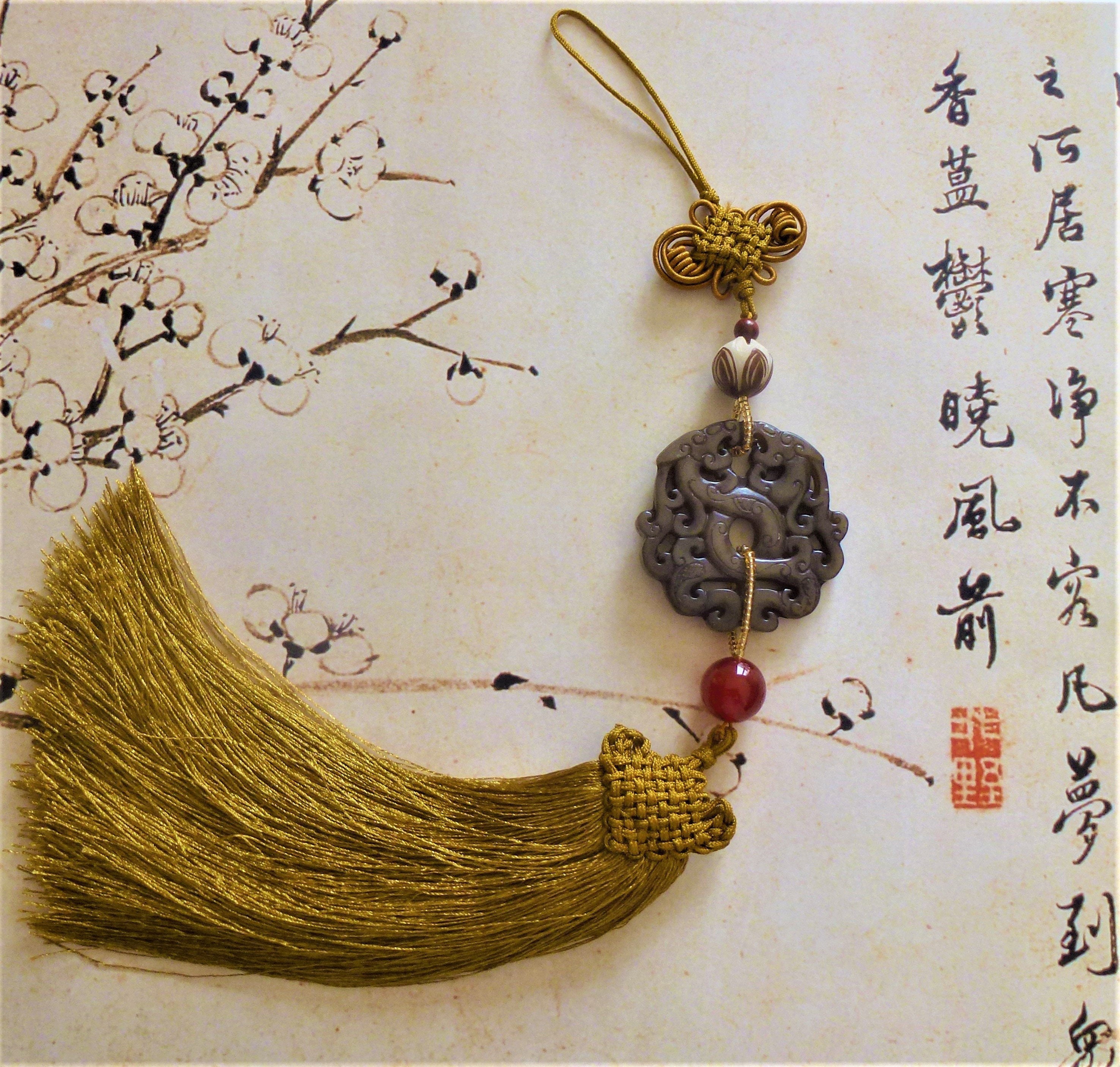 Suspension 2 Dragons Jade Nephrite 40 Cm Nœud Chinois Pompon Etsy