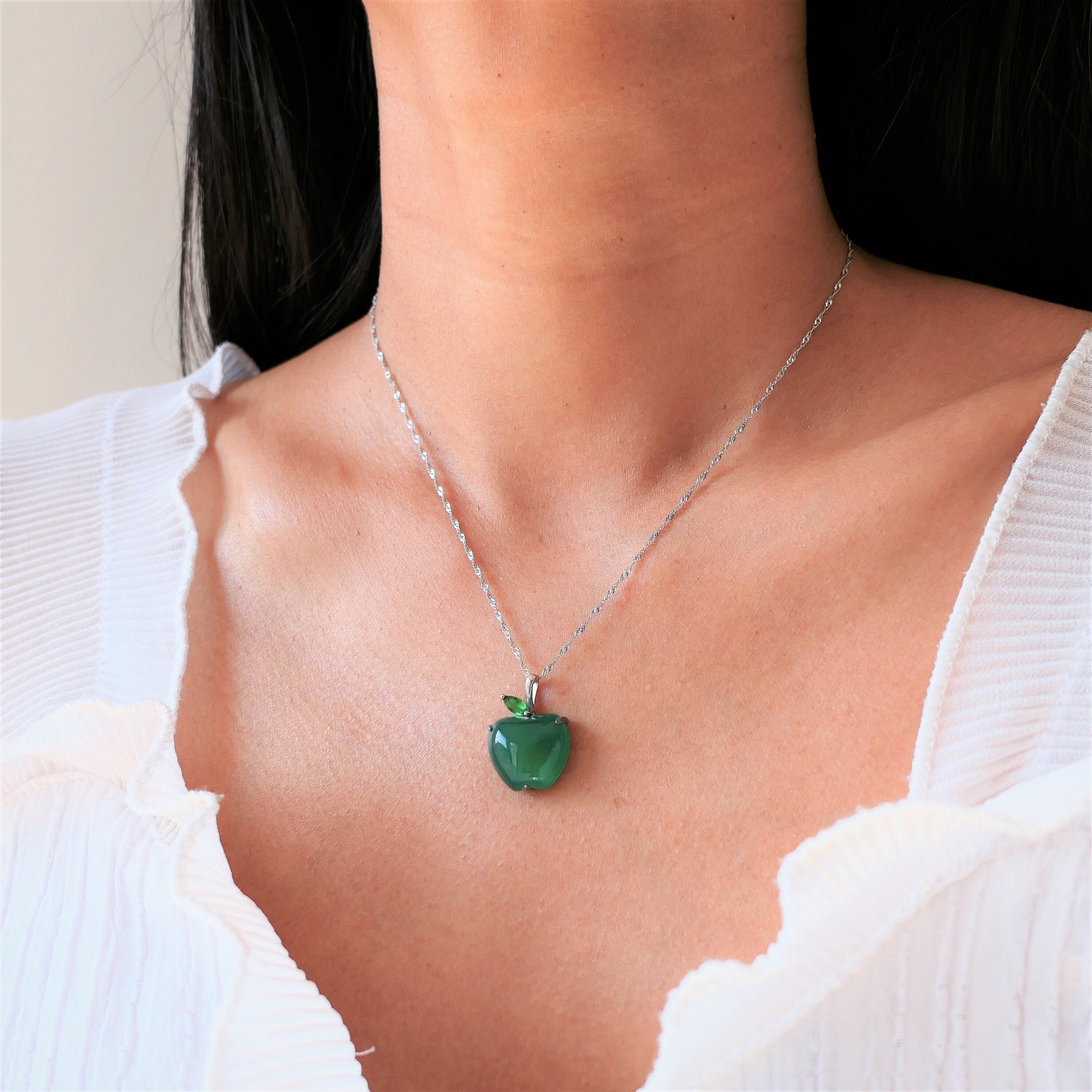 Fruit Apple Pendant in Natural Green Agate and Solid Silver With