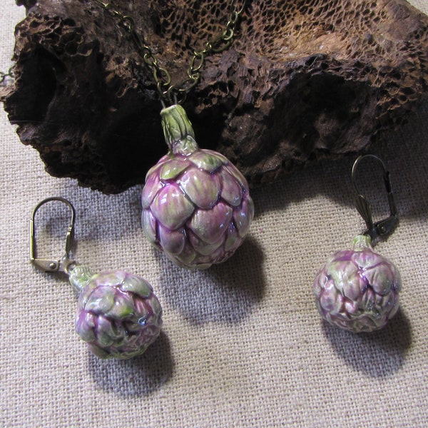 Les légumes du jardin, artichaut, au choix pendentif ou boucles d'oreilles, potager, miniature céramique, bijou jardinier, vert violet