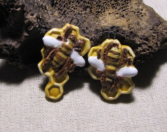 Handmade ceramic bee charms, cells, honeycomb, wax, honey, unique jewelry creation, earring, yellow brown honey